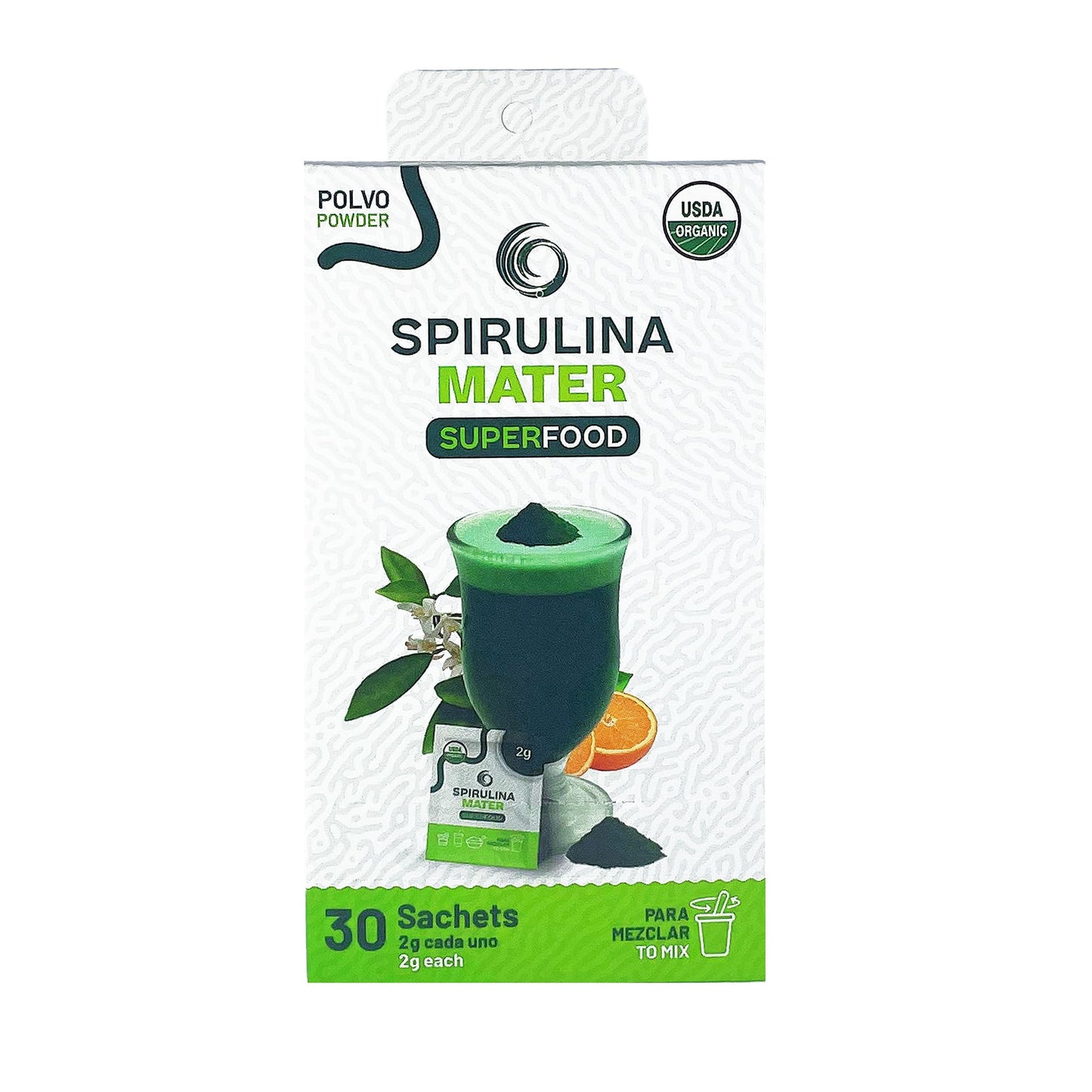 Sachets Spirulina Mater x 30 unidades 2g cada uno.